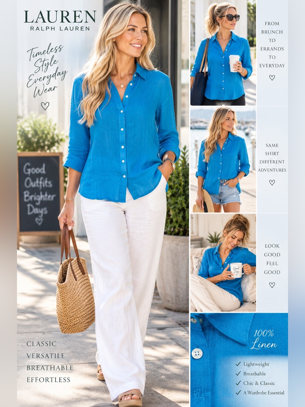 Lauren Ralph Lauren 100% Linen Women's Button-Down Shirt in Vibrant Blue Size L
